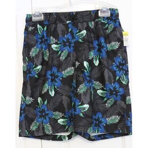 Revolution Boys XL 16/18 Swim Trunks Tropical Floral Palm Leaf Black Blue Green